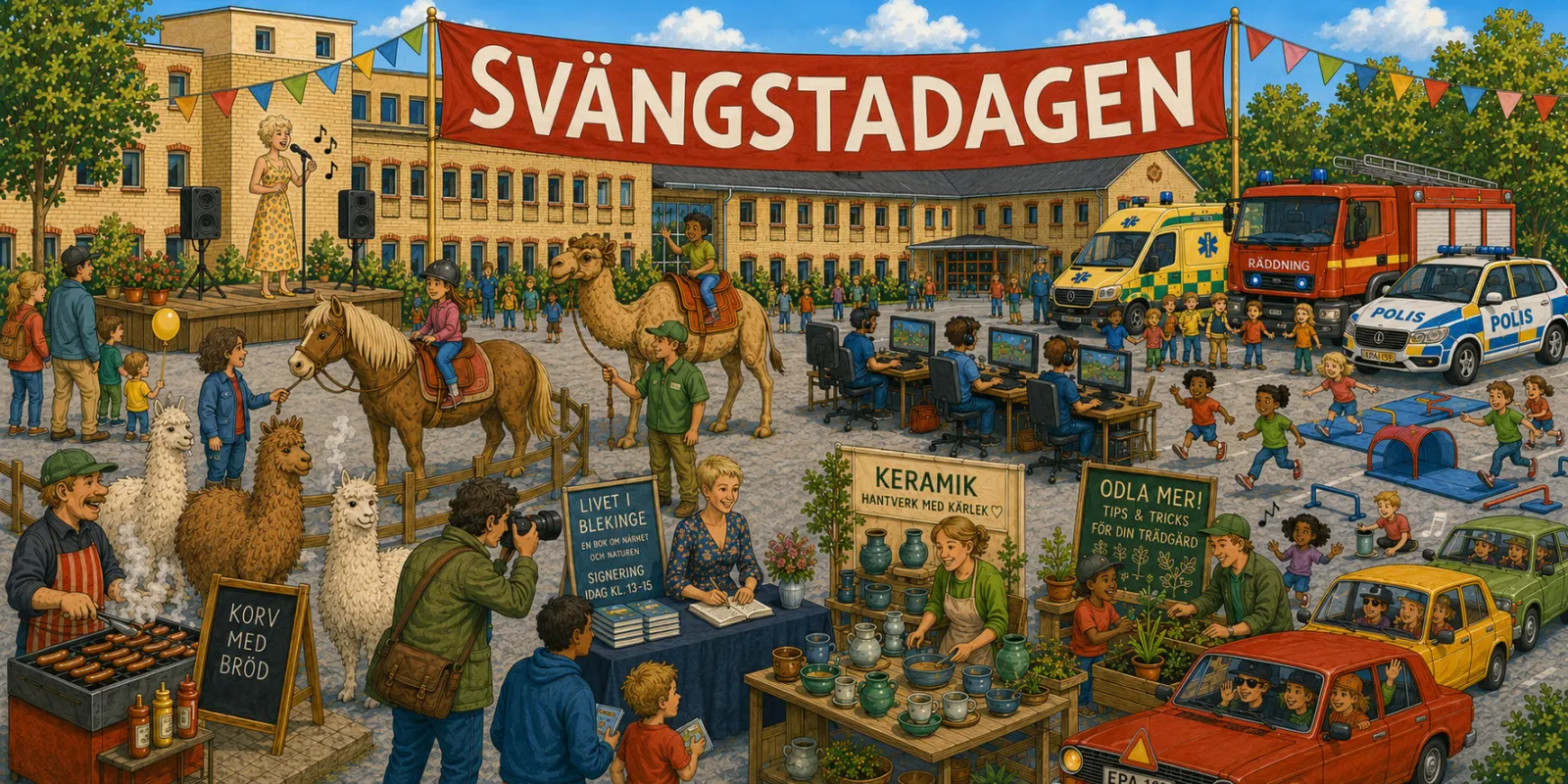Illustration av Svängstadagen — folkfest med korvgrillning, alpackor, kamel- och hästridning, LAN, keramik, blåljusfordon och EPA-bilar framför skolan i Svängsta